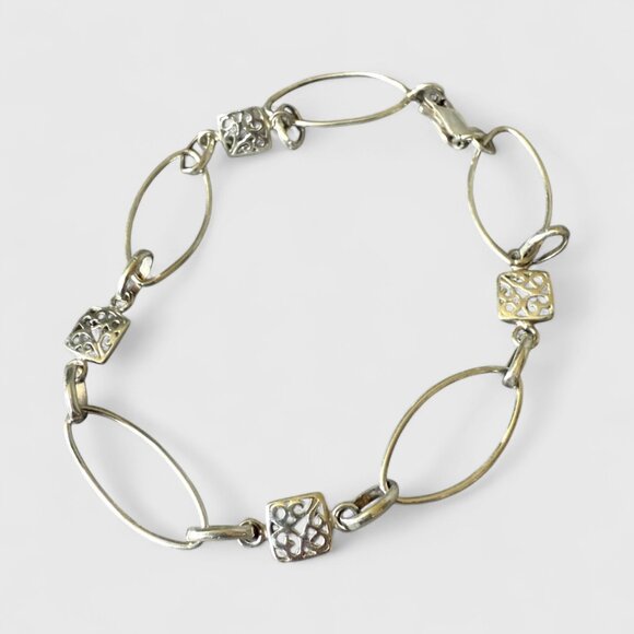 Sterling Silver Bracelet MCM Style Open Links & Filigree Squares 7.25 inches - Picture 1 of 8